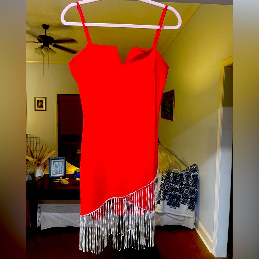 Red dress with hanging rhinestone hem
